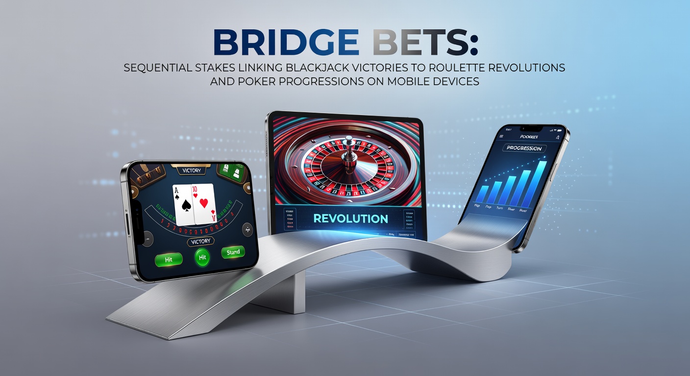 Grafische weergave van sequentiële bridge bets die blackjack, roulette en poker verbinden op een mobiel scherm, met pijlen die winsten doorlinken