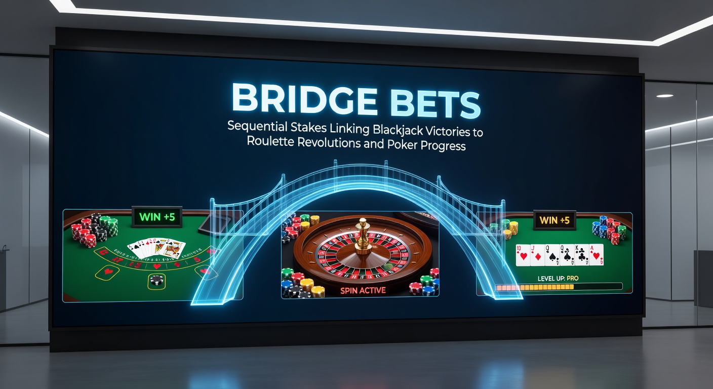 Mobiel scherm met bridge bet-interface, tonen blackjack winst die doorstroomt naar roulette en poker, met grafieken van stake-progressie