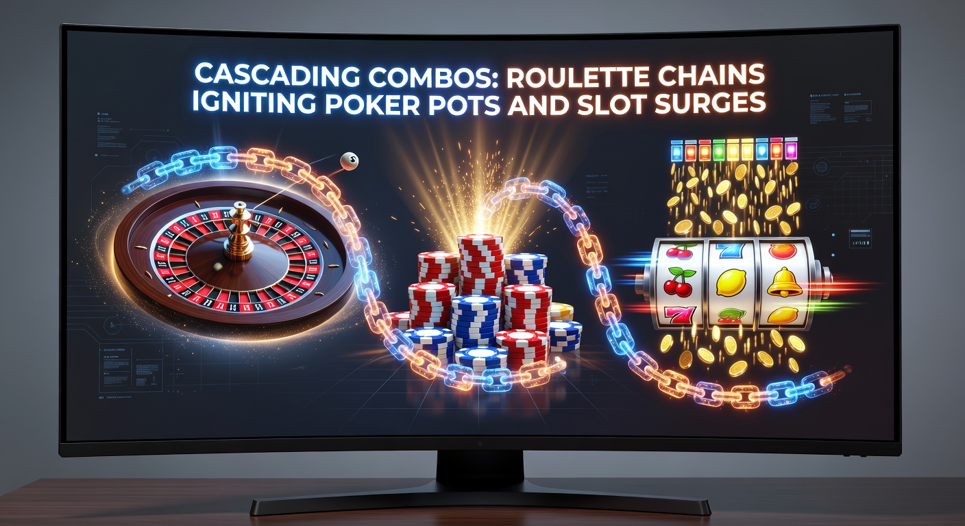 Illustratie van een pokerpot die oplaait door een rouletteketen, met slot reels die in de achtergrond cascaderen