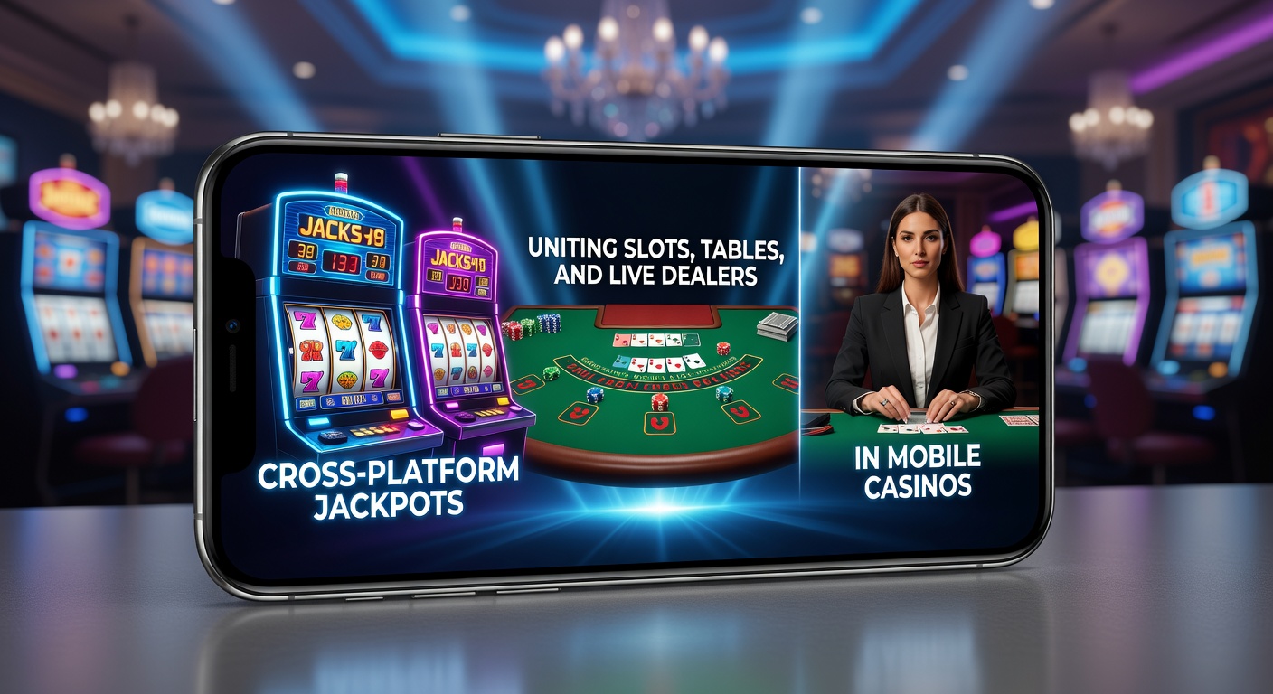 Schermafbeelding van een mobiel casino met cross-platform jackpot teller die slots, roulette en live blackjack toont, terwijl munten en kaarten vliegen in een dynamische animatie