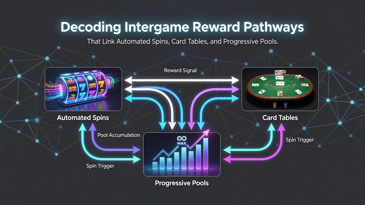 Diagram van intergame beloningsketens die spins, live tafels en jackpot pools verbinden op smartphones