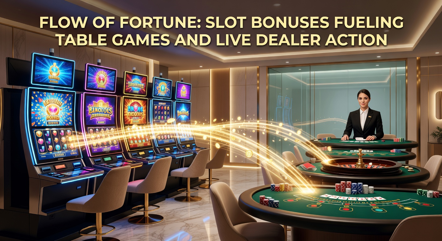 Slotmachine met fonkelende bonusfeatures die symbolisch overlopen naar een roulettewiel en blackjacktafel, illustrerend de verbinding tussen spellen