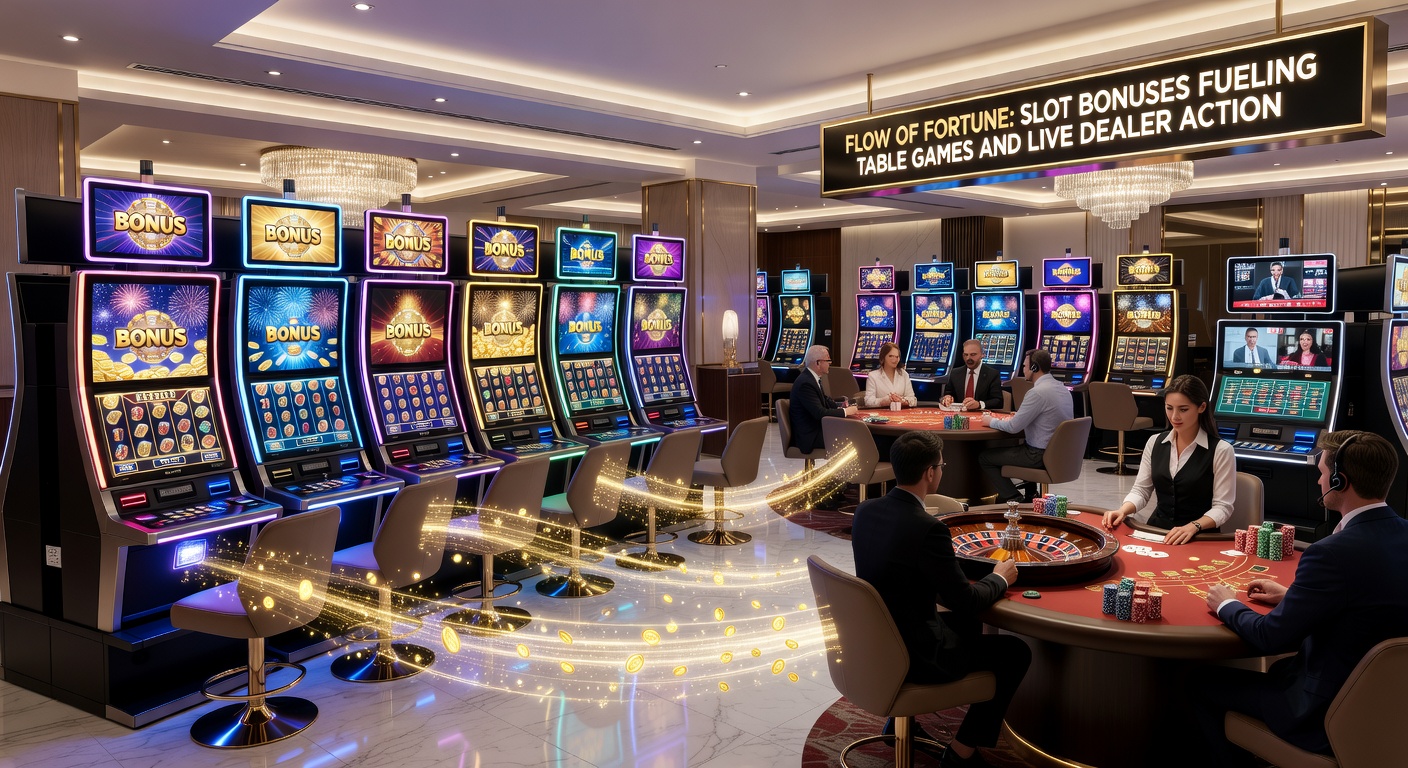 Live dealer blackjacktafel met overlay van slotbonus iconen en een croupier die een chained win aankondigt, benadrukkend real-time integratie