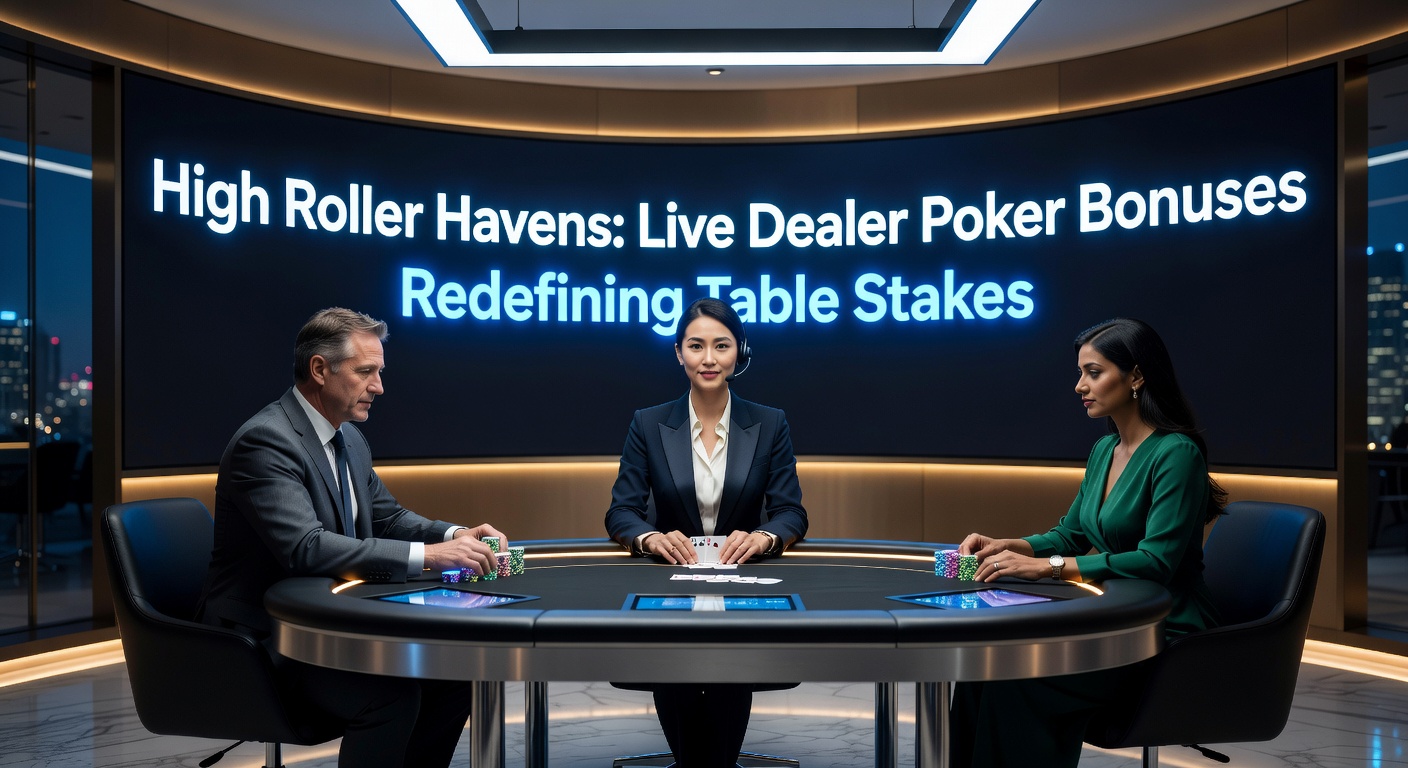High roller bij een live dealer poker tafel met hoge stakes en bonusaanbiedingen op scherm