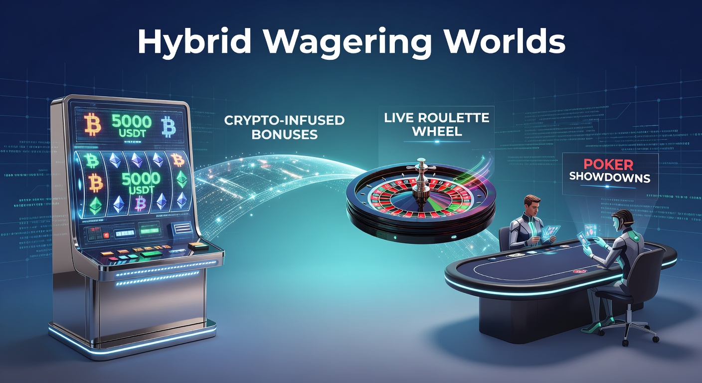 Afbeelding van een dynamische casino-omgeving waar slotmachines, roulettewielen en pokertafels samenkomen met crypto-symbolen en bonuslichten