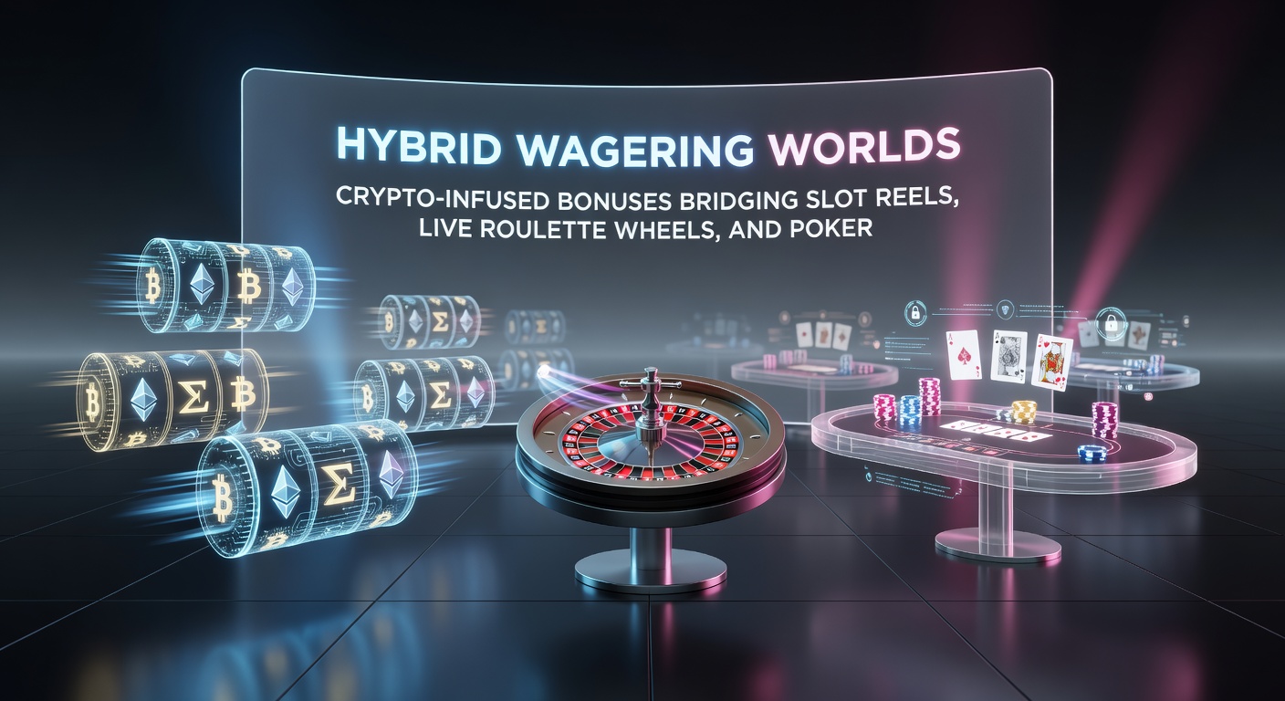 Visualisatie van crypto-transacties die stromen tussen slot reels, roulette wielen en poker tafels in een hybride casino-interface