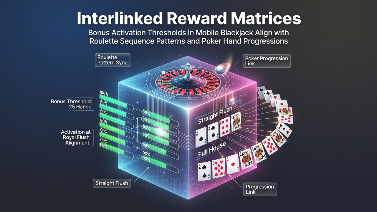 Illustratie van gekoppelde beloningsmatrices in mobiele blackjack, roulette en poker
