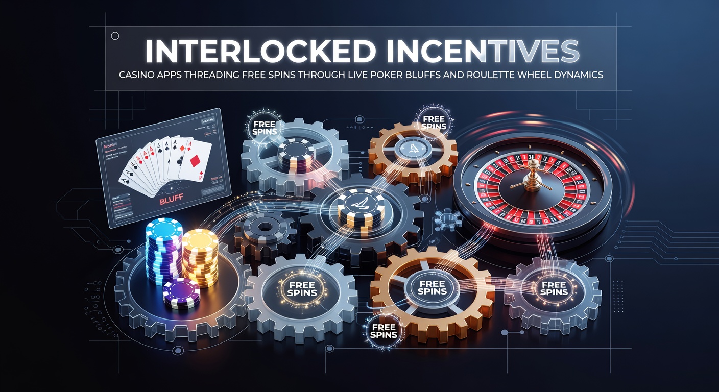 Schermafbeelding van een casino-app met geïntegreerde gratis spins die pokerbluffs en roulettewielen verbinden, inclusief dynamische bonusindicatoren