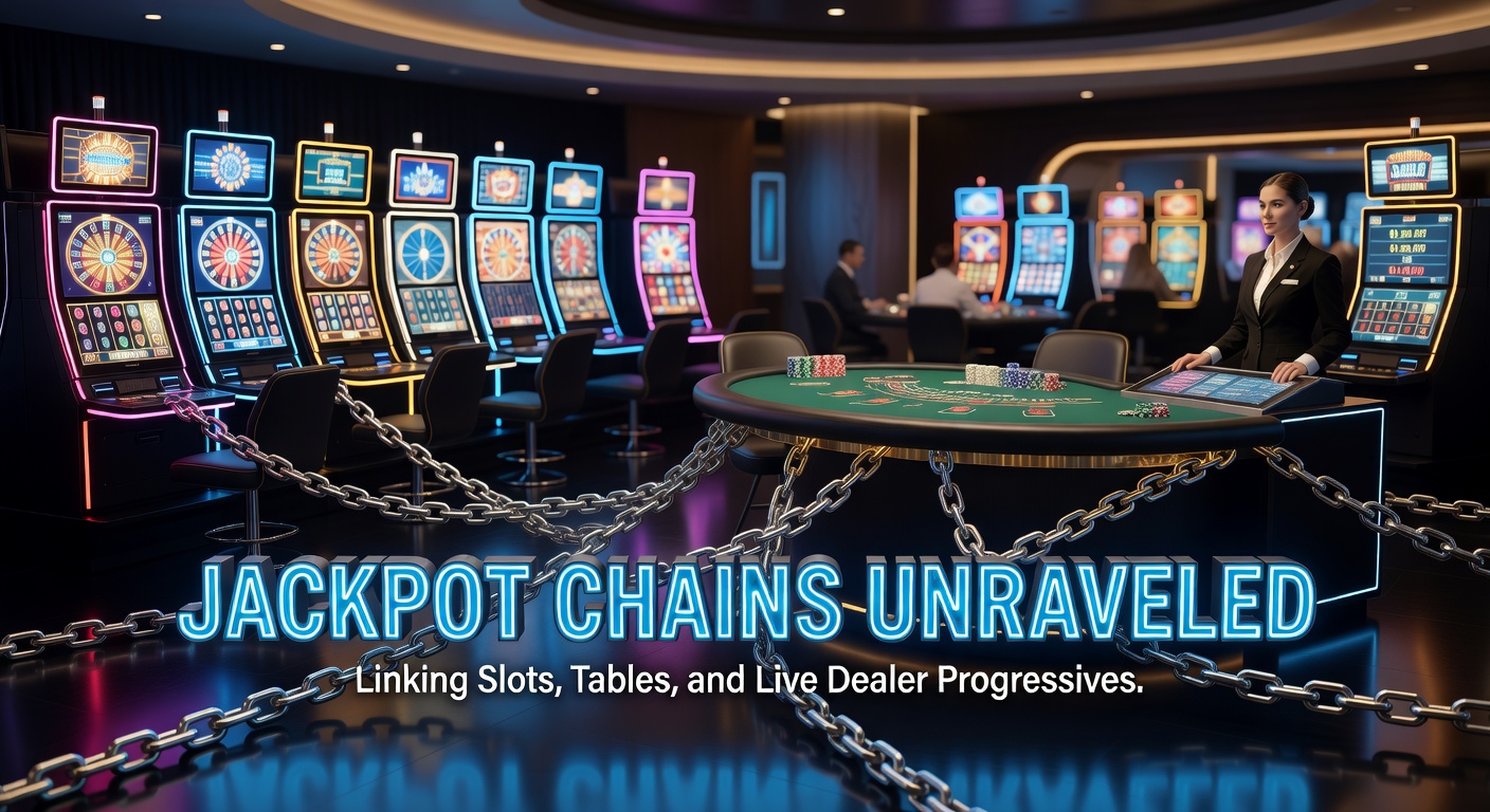 Grafische weergave van een jackpotketen die slots, tafelspellen en live dealers verbindt met groeiende potten