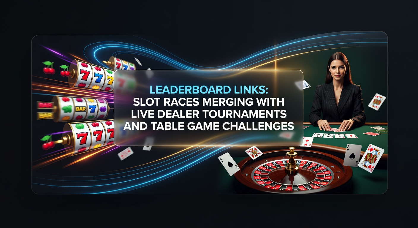 Dynamisch leaderboard-scherm met iconen van slots, live roulette-roulettes en pokerkaarten die punten tellen in een race