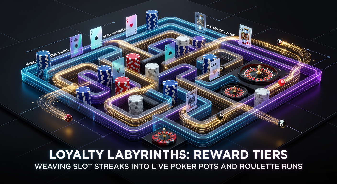 Grafische weergave van een loyaliteitslabyrint met slotrollen, pokerkaarten en roulettewielen die in beloningsniveaus samenkomen