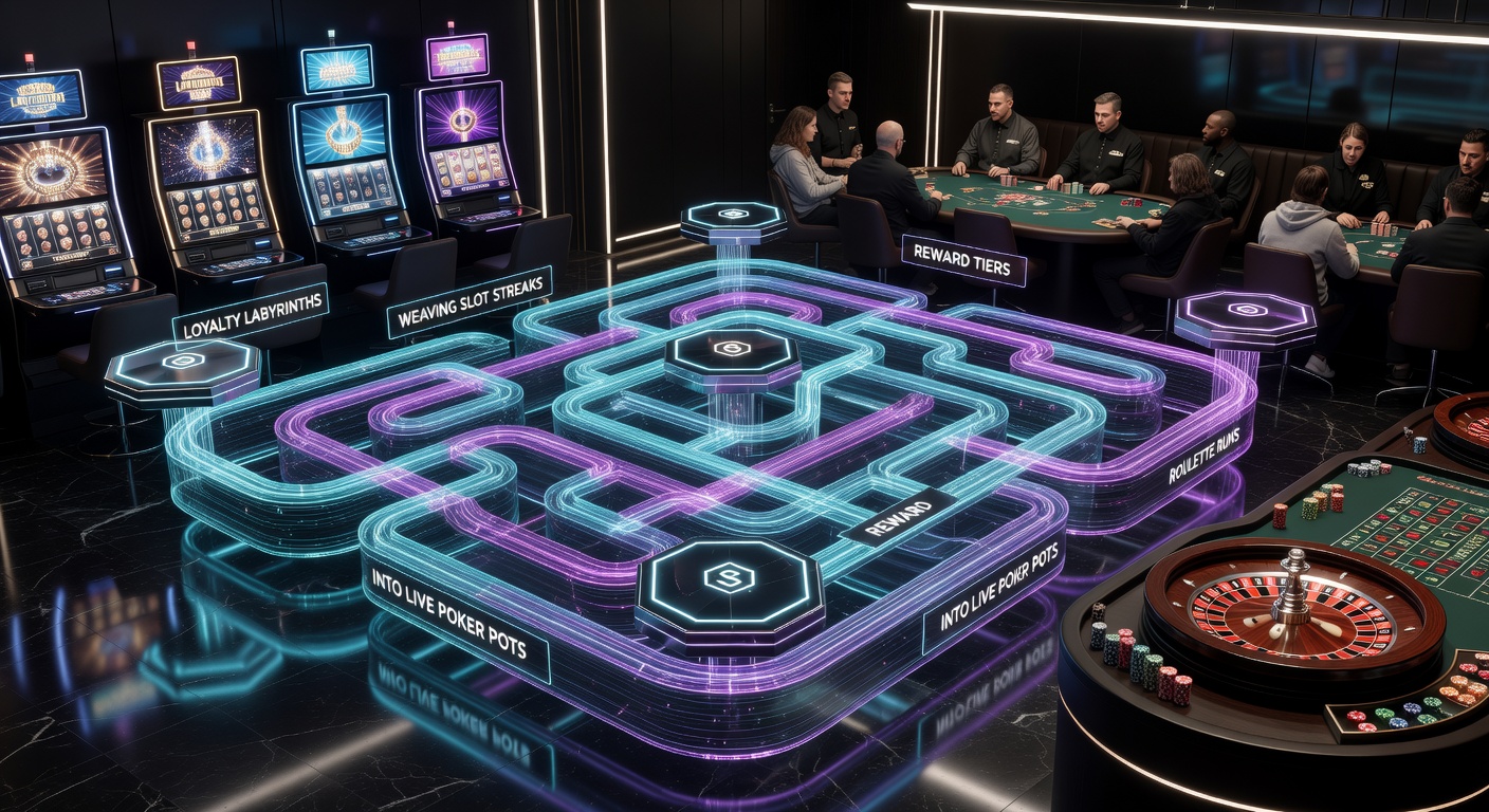 Visuele illustratie van beloningsstromen die slotstreaks doorsturen naar pokerpotten en roulettewielen in een tier-systeem