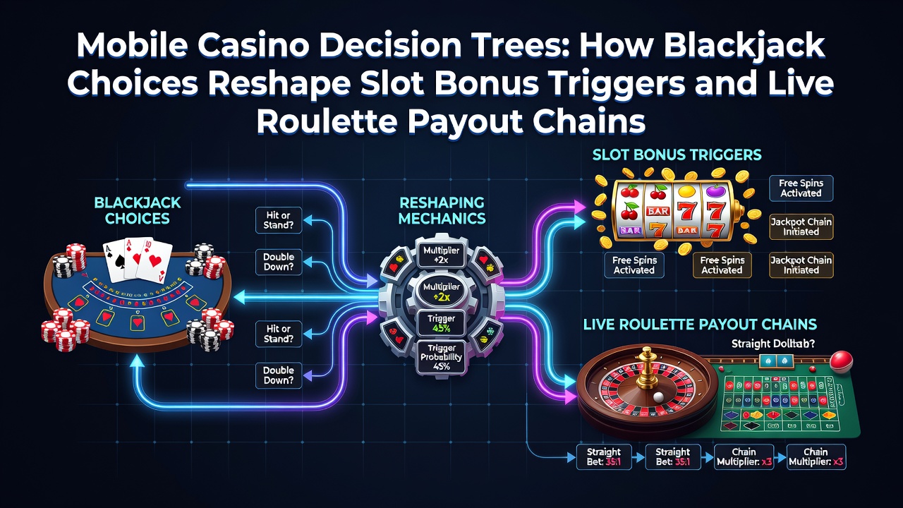 Mobiele casino interface met blackjack tafel, slotmachine en live roulette wiel die met elkaar verbonden zijn via beslissingsbomen