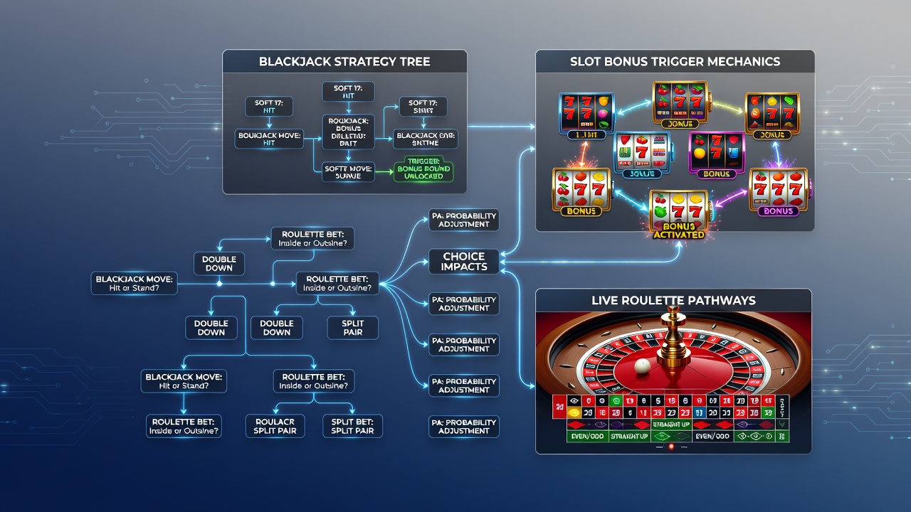 Diagram van beslissingsboom die blackjack acties koppelt aan slot bonus triggers en roulette payout ketens
