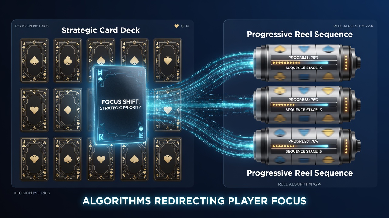 Mobiele casino-interface met algoritmische focusverschuiving tussen kaartspellen en slots