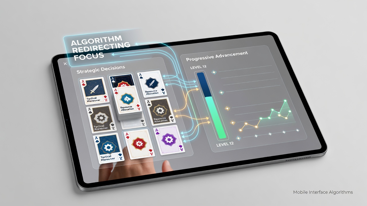 Detail van algoritmische reel-sequenties gekoppeld aan kaartstrategie in mobiele interface