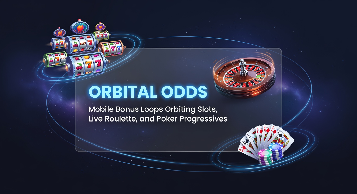 Mobiele interface met roterende bonuslussen die slots, live roulette en poker progressives verbinden, met vallende munten en draaiende wielen op een smartphone-scherm