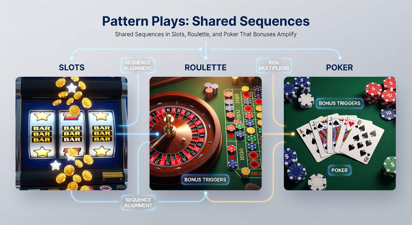 Voorbeeld van een bonus-geactiveerde sequentie die slots, roulette en poker verbindt in een casino-interface