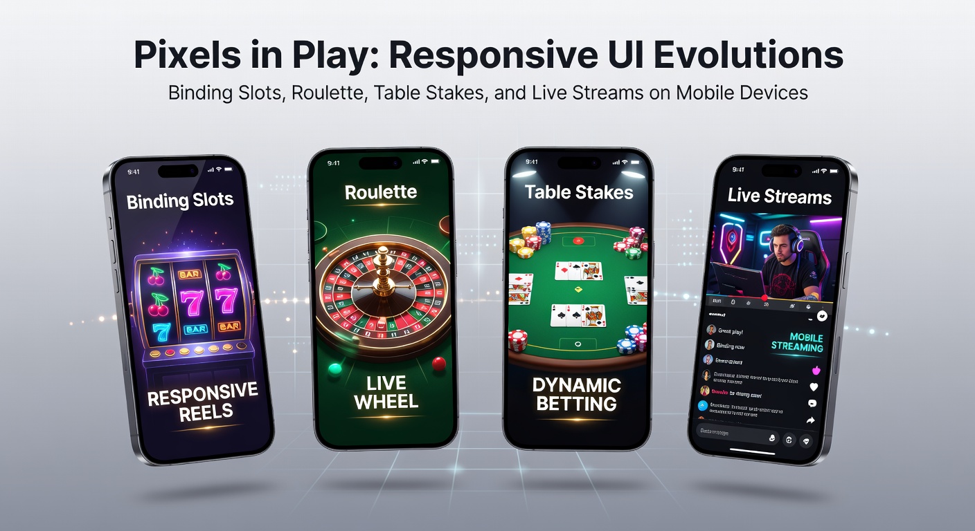 Mobiel scherm met responsive UI voor slots en live roulette, pixels schalen naadloos tussen spellen