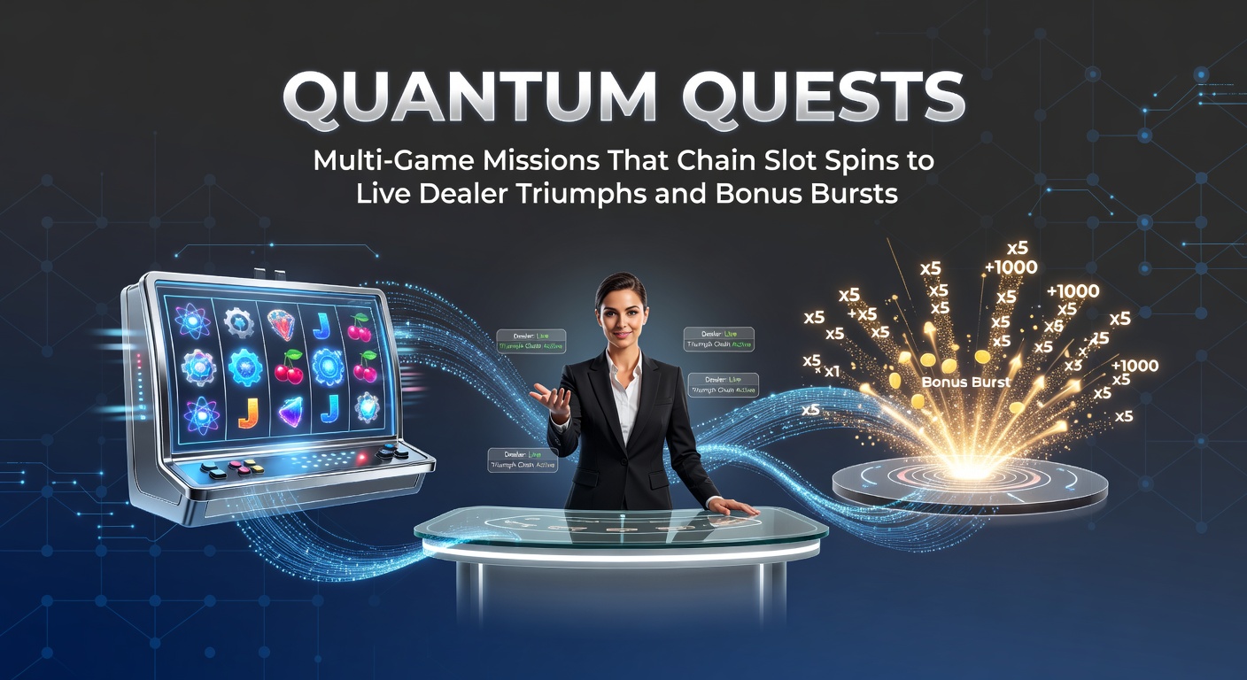 Schermafbeelding van een quantum quest-missie die slotrollen verbindt met live dealer blackjack en exploderende bonussen