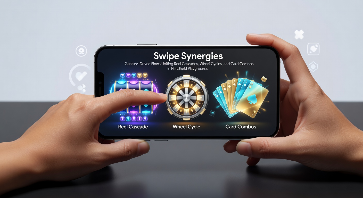 Speler veegt over een mobiel scherm om een slot reel-kaskade te activeren, met overlappende wiel- en kaart-elementen op de achtergrond