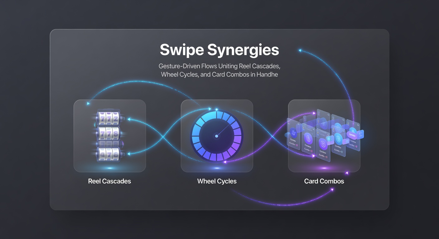 Dichtbij een vingerveeg die een roulette-wiel activeert, met overlappende slot-reels en kaartdecks die in een mobiel scherm samenvloeien
