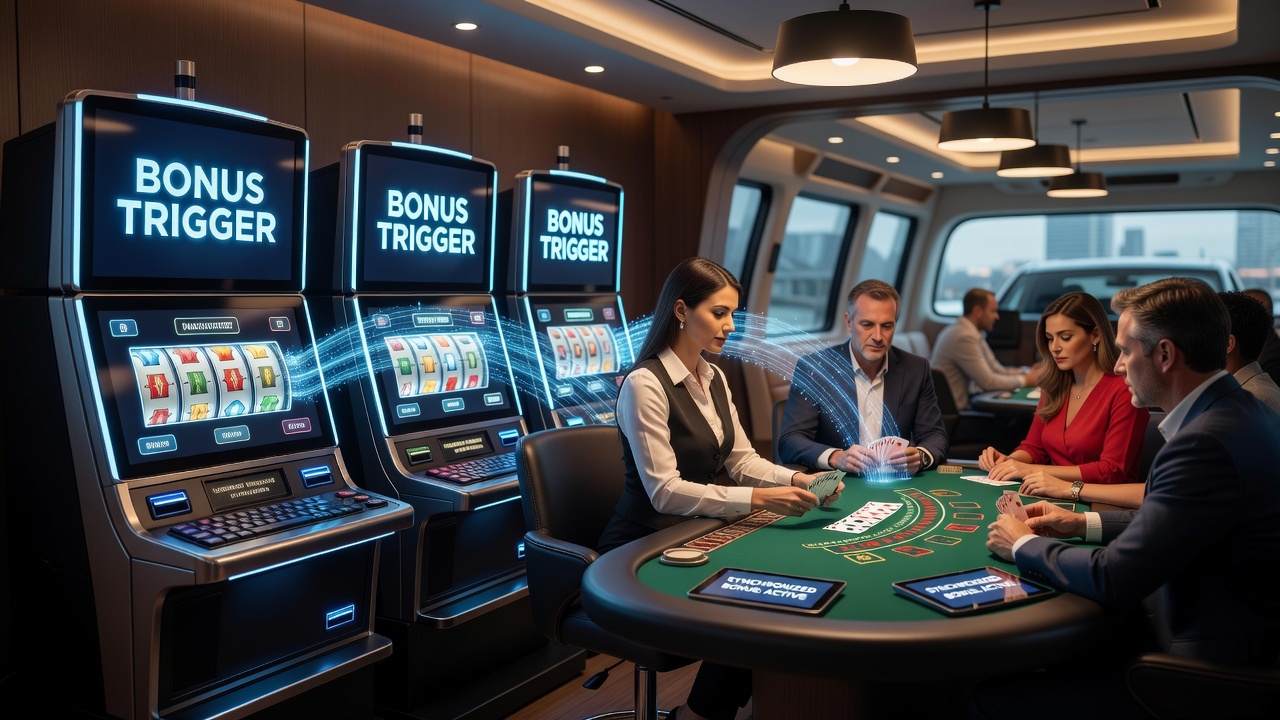 Mobiele interface met gesynchroniseerde bonus triggers tussen slots en live card tables