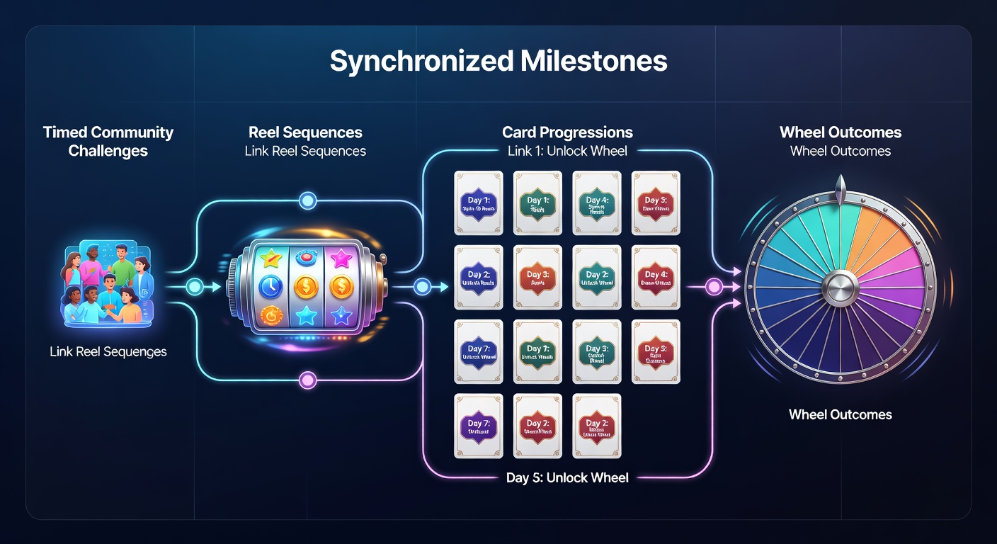 Visuele weergave van gesynchroniseerde mijlpalen die reelsequenties, kaartprogressies en wieluitkomsten koppelen in mobiele casino-apps