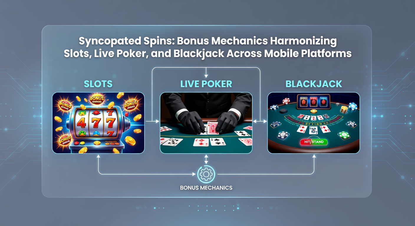 Close-up van een mobiele app met live dealer blackjack en poker, waar een slot-bonus multiplier zichtbaar synchroniseert met tafelkaarten en chips