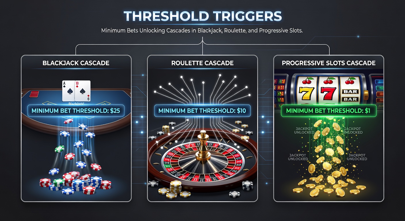 Visuele weergave van een roulettewiel met gemarkeerde drempelzones en cascade-effecten, plus blackjackkaarten en slot reels die kettingreacties illustreren