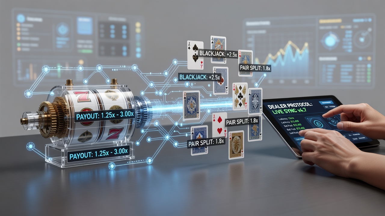 Diagram van onderling verbonden uitbetalingsalgoritmen in mobiele slots, kaartspellen en live dealer systemen