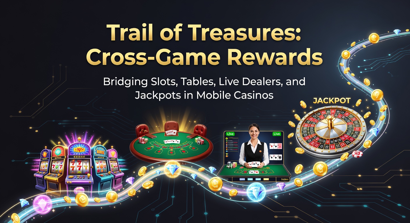 Mobiel casino scherm met slots, tafels, live dealers en jackpot-iconen die via beloningssporen verbonden zijn