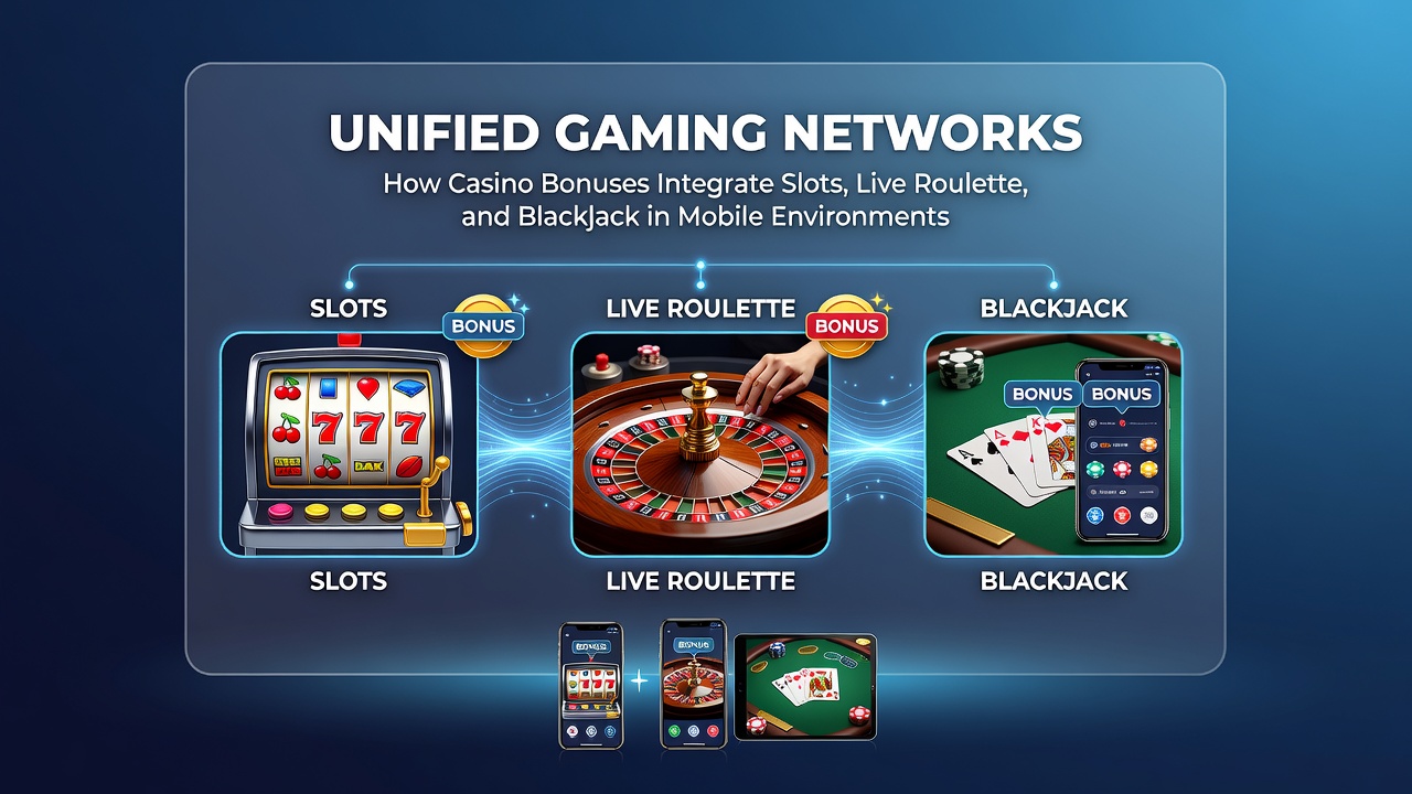 Mobiele casino interface met geïntegreerde bonussen voor slots, live roulette en blackjack